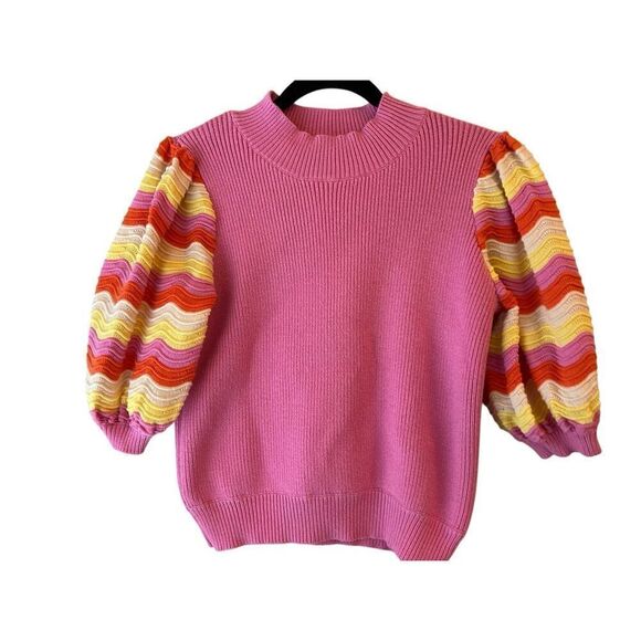 Anthropologie THML Rib Knit Mid Puff Sleeve Sweater XS Sherbet Coachella - Picture 3 of 9